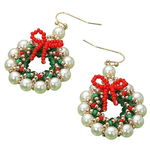 Pearl Beaded Christmas Wreath Dangle Earrings - Picture 1 of 3